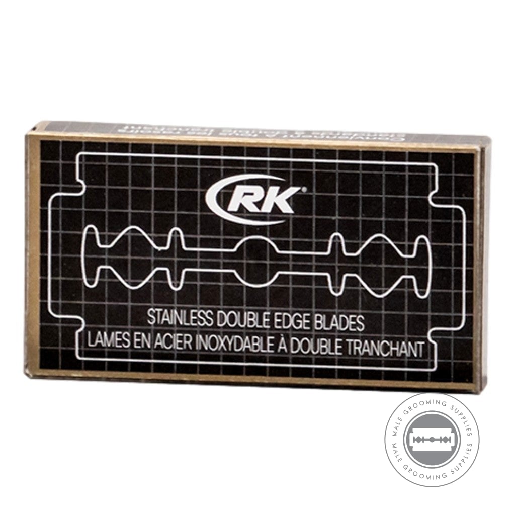 RK Shaving Stainless DE Razor Blades pack showcasing sleek black packaging with blade illustrations.