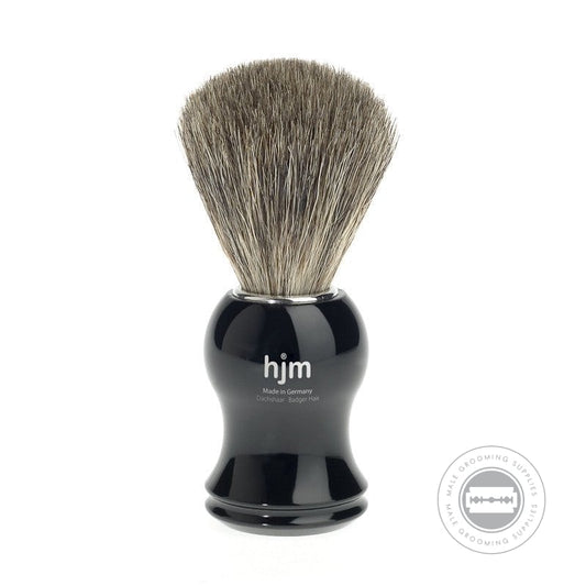 HJM Muhle Pure Badger Black Shaving Brush with soft bristles and black plastic handle for an elevated shaving experience.