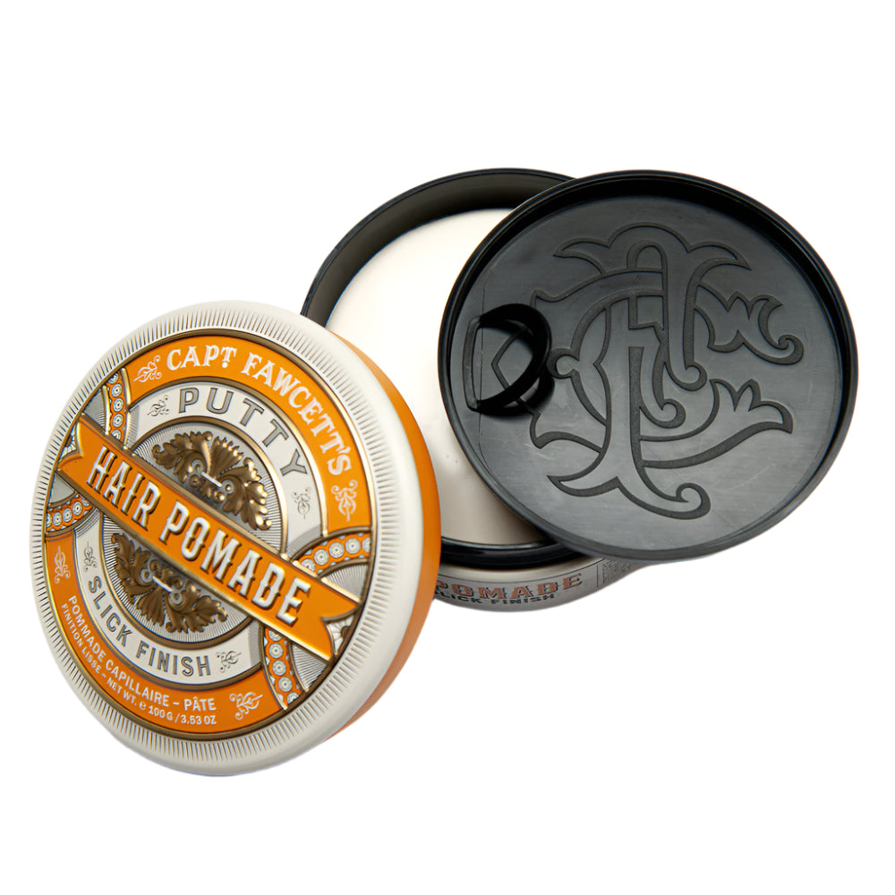 Capitain Fawcett's Hair Pomade container with lid open on a white background
