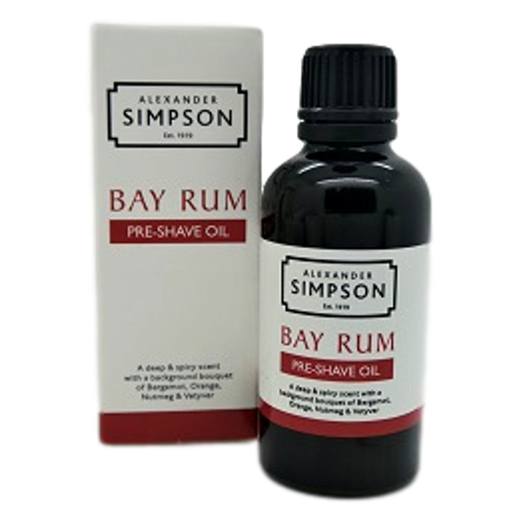 Bay Rum Pre-Shave Oil With Aloe & Vitamin E. Softens Bristles & Preps Skin. From Simpson Shaving Brush Experts. 50ml.