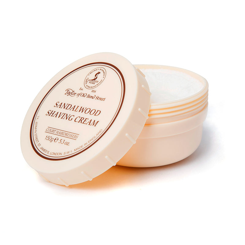 Taylor Of Old Bond Street Sandalwood Shaving Cream, 150g, Open Tub Showing Rich Cream Texture.