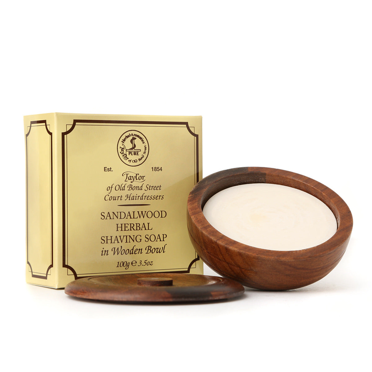 Taylor of Old Bond Street Sandalwood Shave Soap In Wooden Bowl - Open, 100g – Luxury Refillable Shaving Soap Made In The UK.