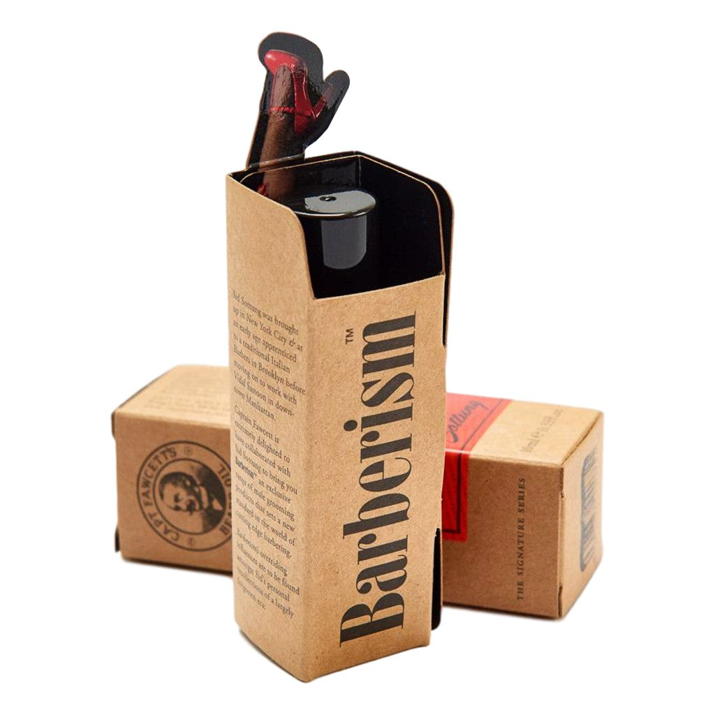 Barberism product packaging with a bottle and cap on a white background
