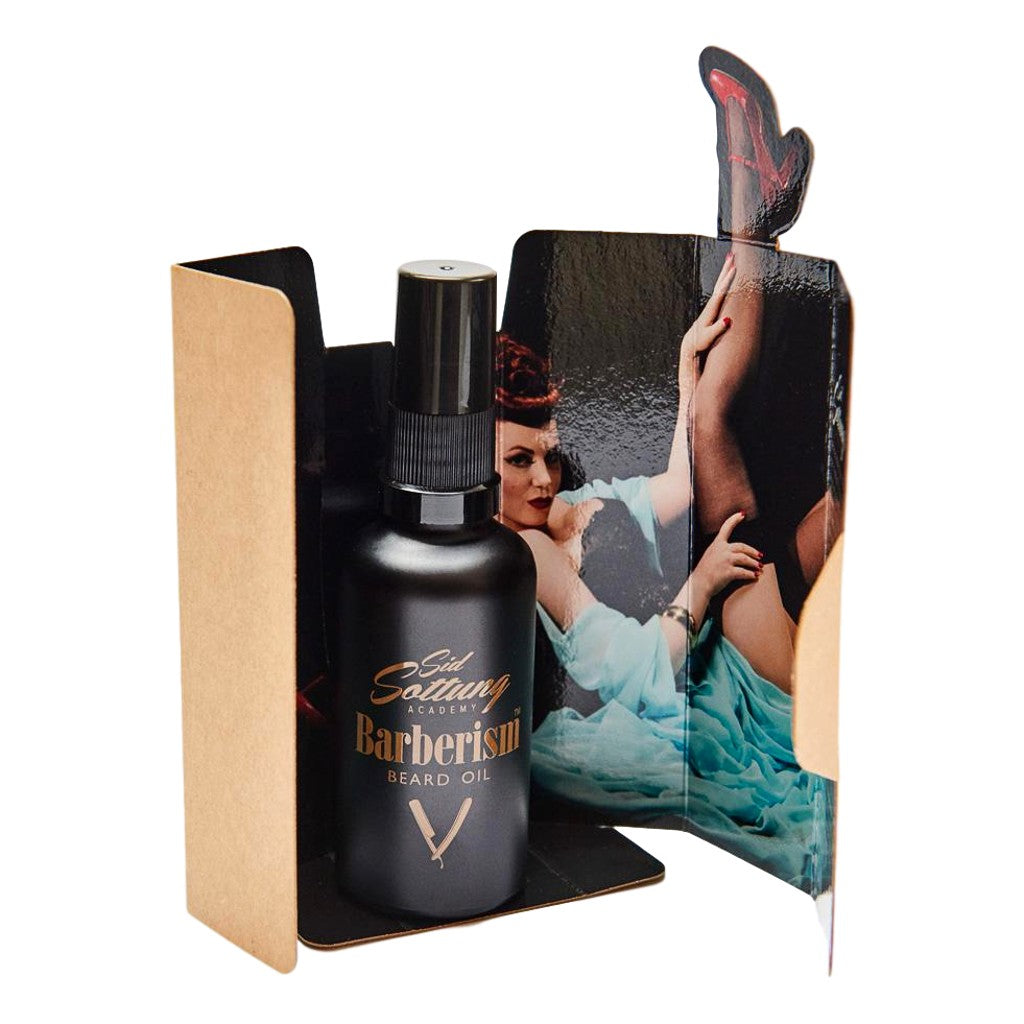 Black beard oil bottle with packaging featuring a vintage-style illustration of a woman.