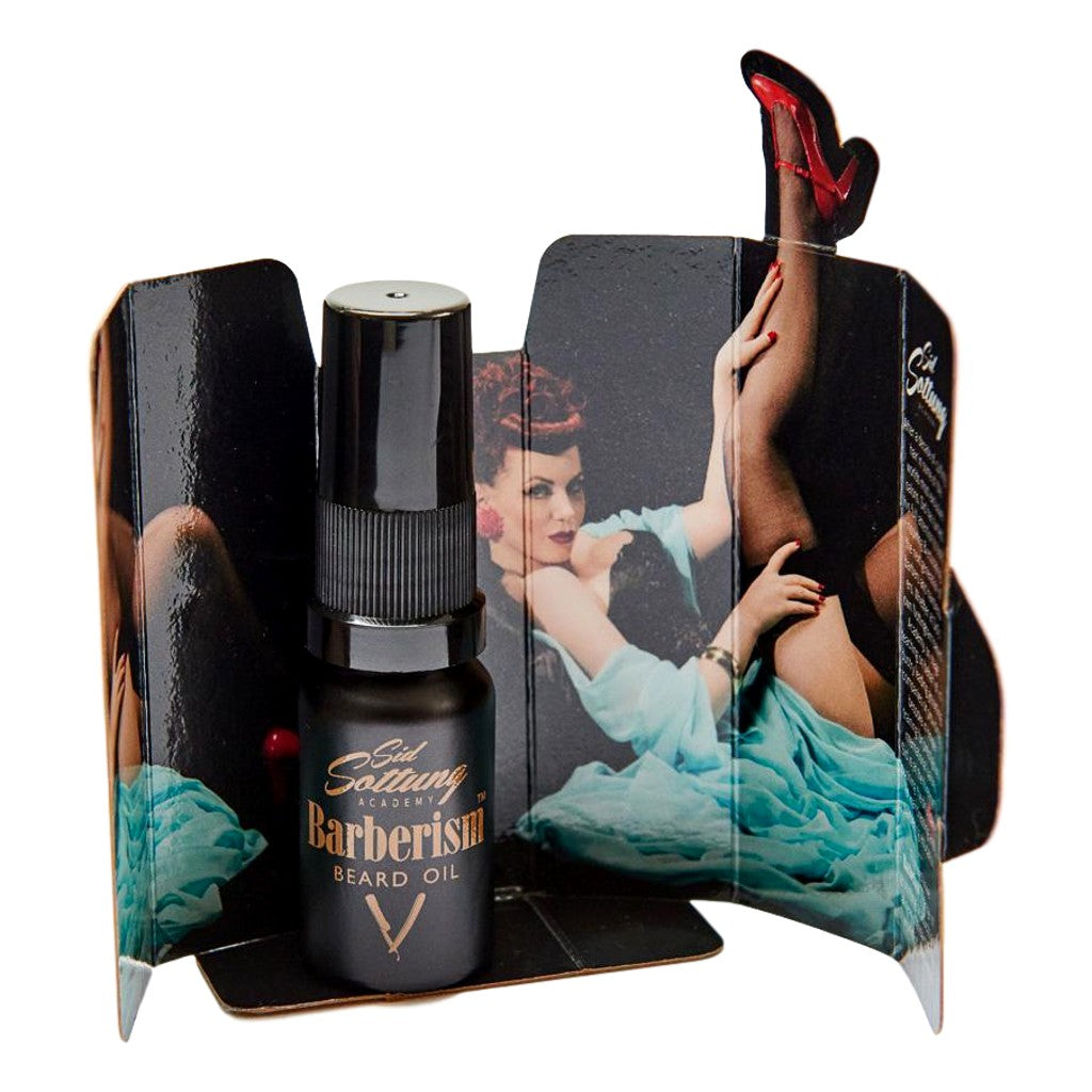 Beard oil bottle with a vintage-style display featuring a woman in a blue dress.