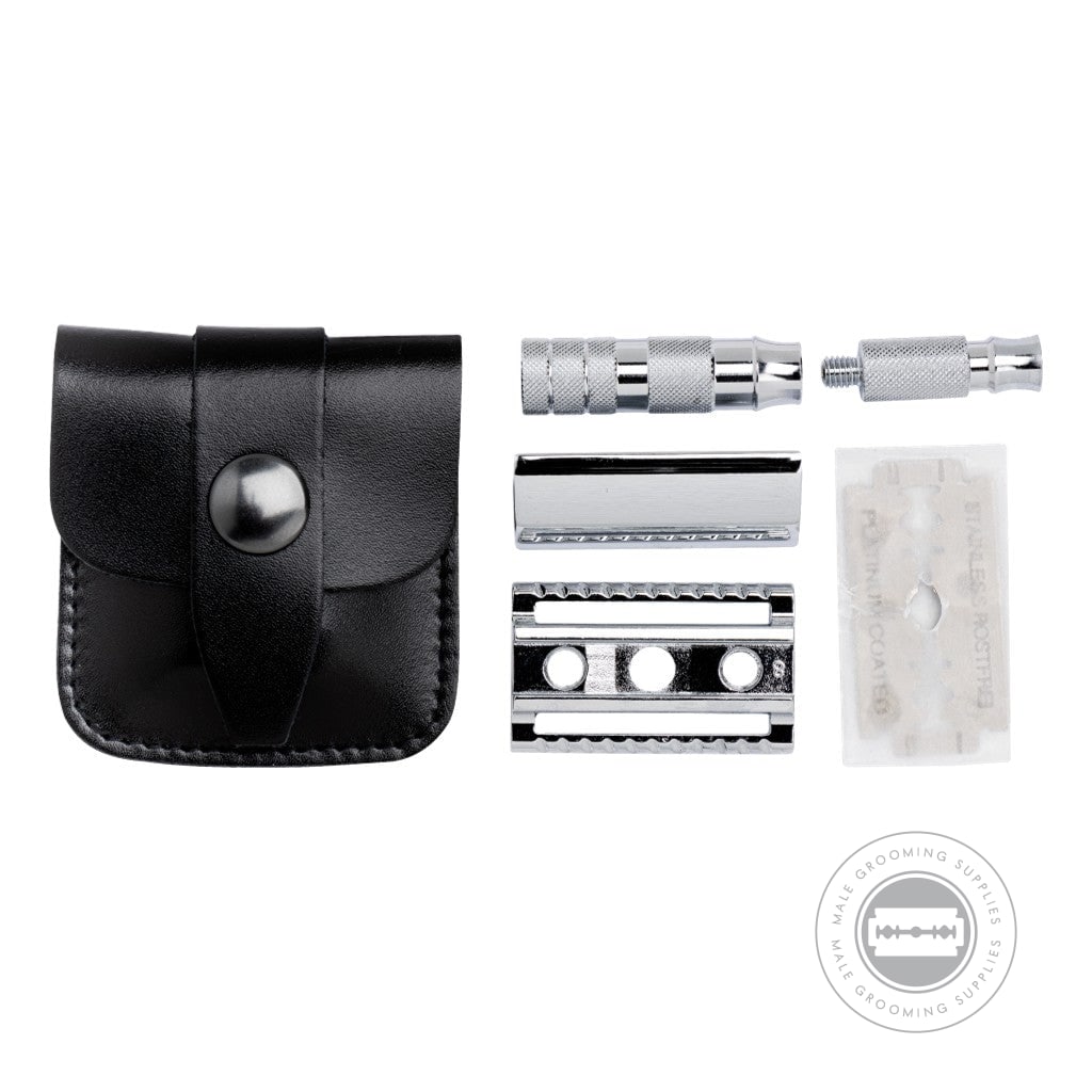 Merkur Closed Comb Travel Razor 933000 disassembled, showing the razor parts, a Merkur Super blade, and a black leather case.