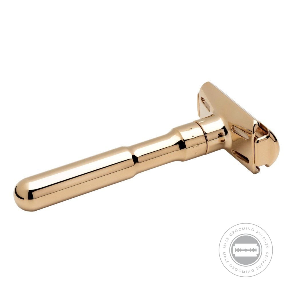 Merkur FUTUR Gold Plated Razor 702003 reverse view, highlighting the sleek gold handle and Duo Clip blade system.
