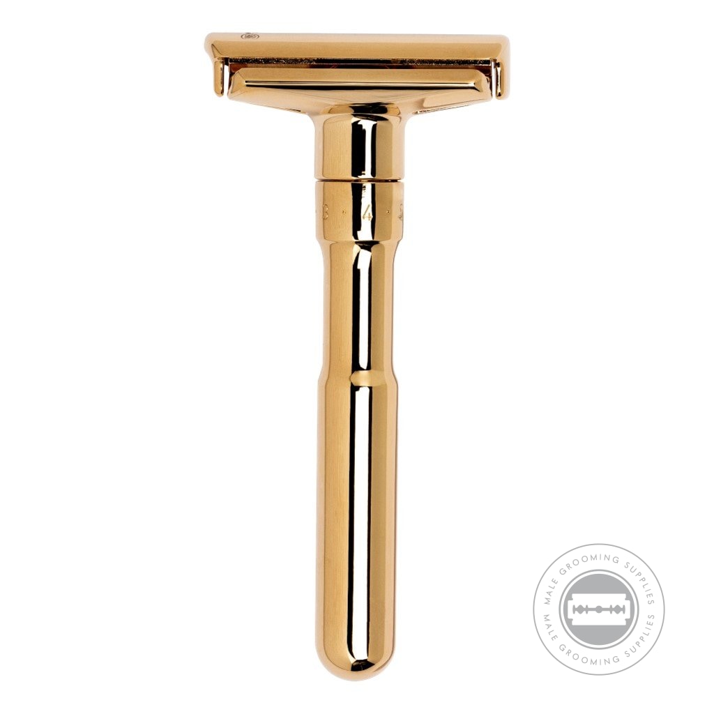 Merkur FUTUR Gold Plated Razor 702003 front view, featuring a polished 24k gold-plated finish and ergonomic design.
