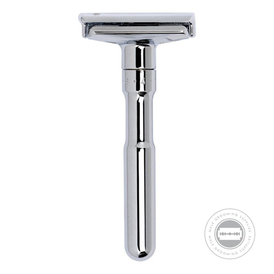 Merkur FUTUR Polished Adjustable Double Edge Safety Razor 701001 front view, featuring precision engineering and a smooth matt chrome finish.