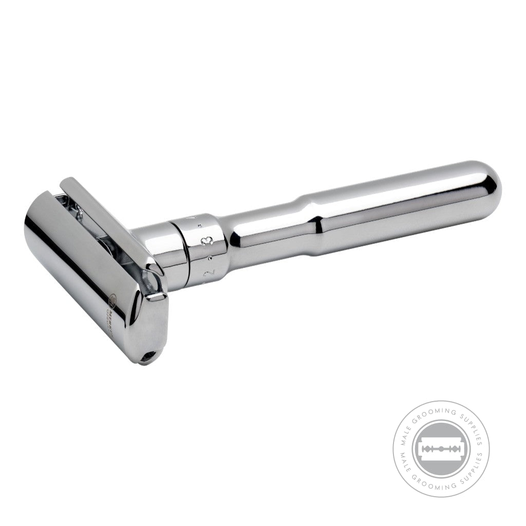 Merkur FUTUR Polished Adjustable Double Edge Safety Razor 701001 angled front view, highlighting its adjustable blade gap and sleek design.