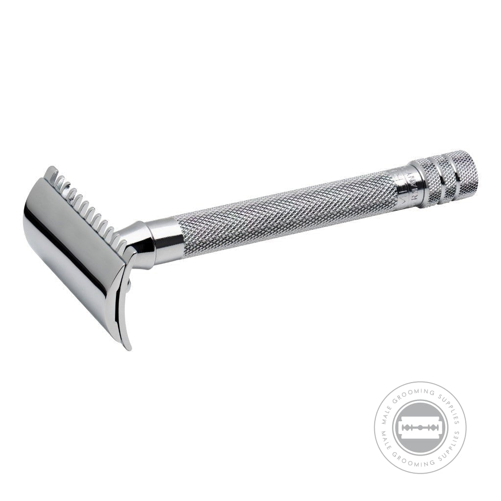 Angled view of Merkur Long Handled Open Comb Double Edge Safety Razor 25001, highlighting the open comb design and bright chrome finish.