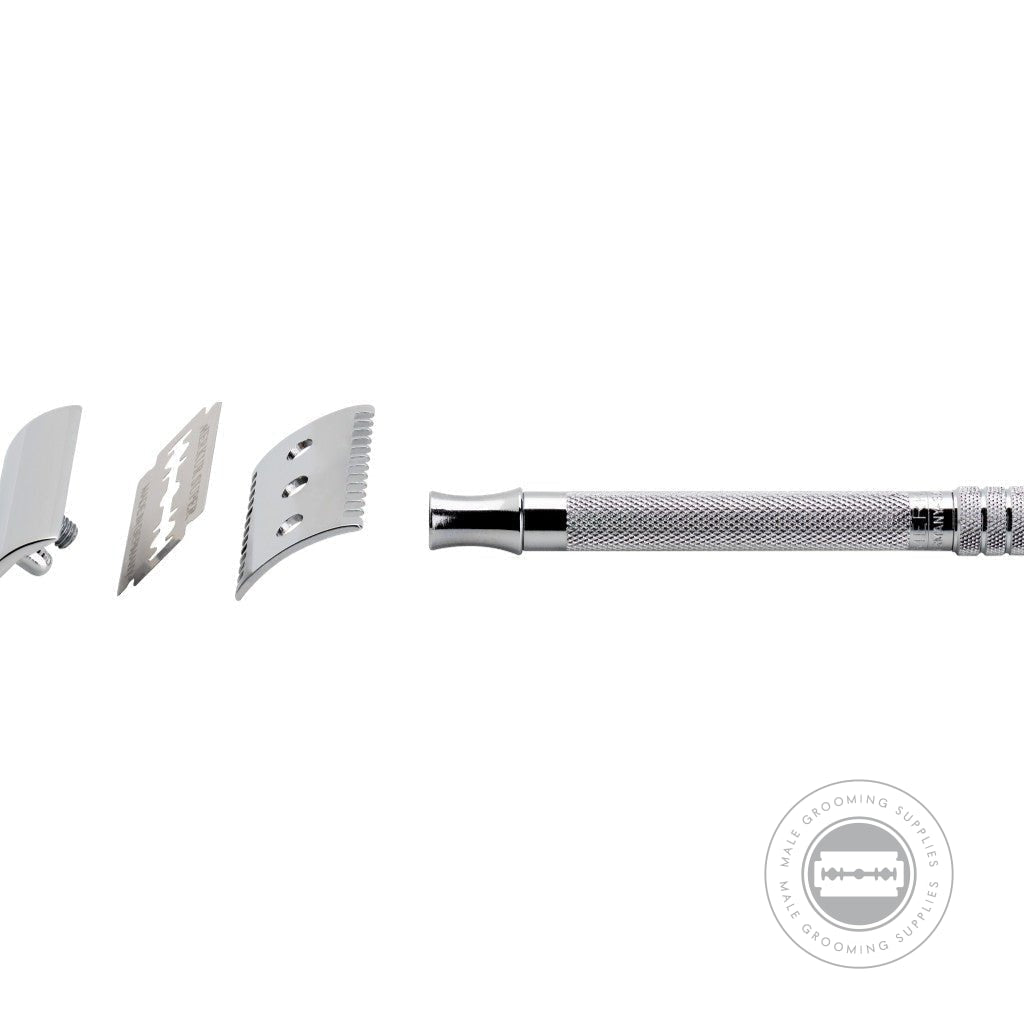 Exploded view of Merkur Long Handled Open Comb Double Edge Safety Razor 25001, including blade, comb, and long textured handle.