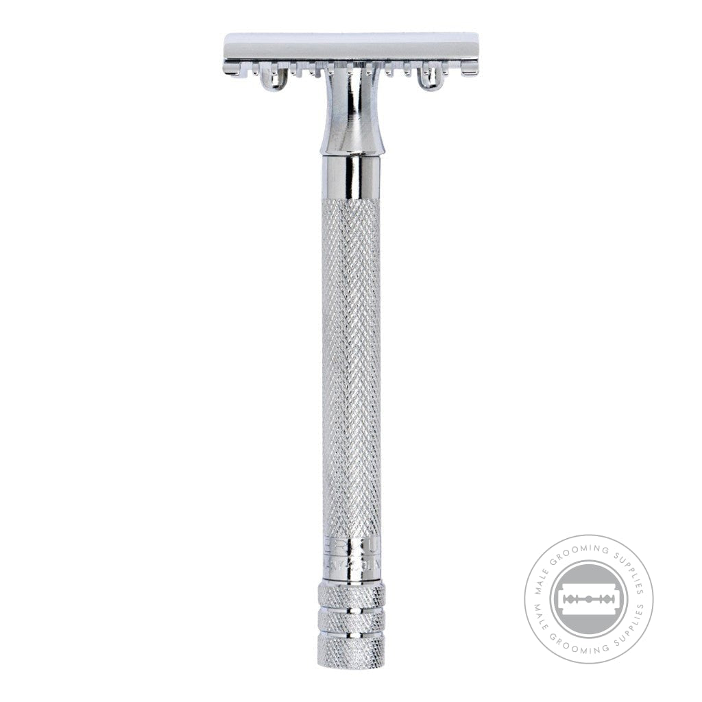 Front view of Merkur Long Handled Open Comb Double Edge Safety Razor 25001 with long handle and precision-engineered open comb head.