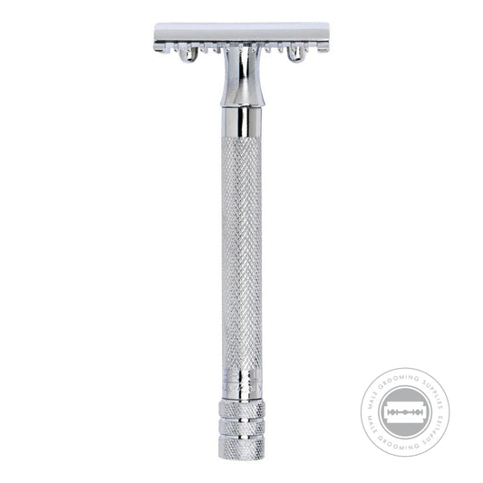 Front view of Merkur Long Handled Open Comb Double Edge Safety Razor 25001 with long handle and precision-engineered open comb head.