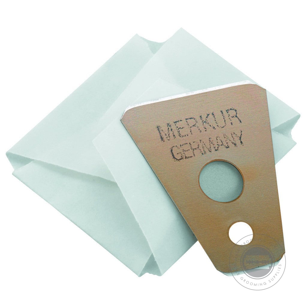 Merkur Moustache Razor Blade 908100, trapezoidal shape, made from C95 carbon steel, wrapped in protective paper.