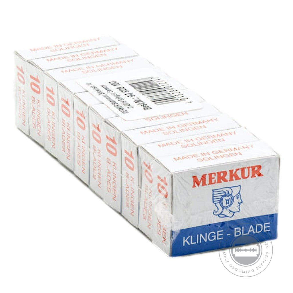 Box of Merkur Moustache Razor Blades 908100, containing 10 packs of trapezoidal blades, designed for precision contour shaving.