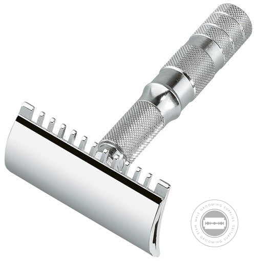 Merkur Open Comb Travel Razor 985000, dismountable with bright chrome finish, featuring an open comb head for smooth and clog-free shaving.