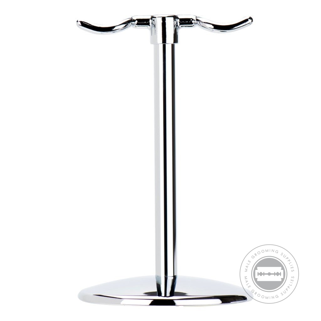 Merkur Polished Chrome Shaving Stand 4781001, featuring dual hooks for razor and brush, with a sleek and sturdy design.