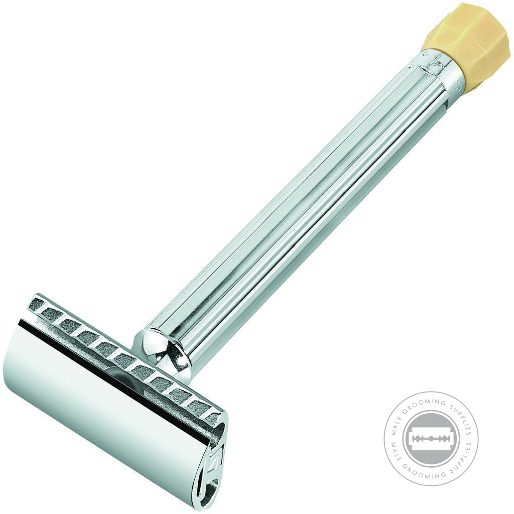 Merkur Progress Long Handle Razor laid flat, displaying the bright chrome finish and ergonomic handle design.