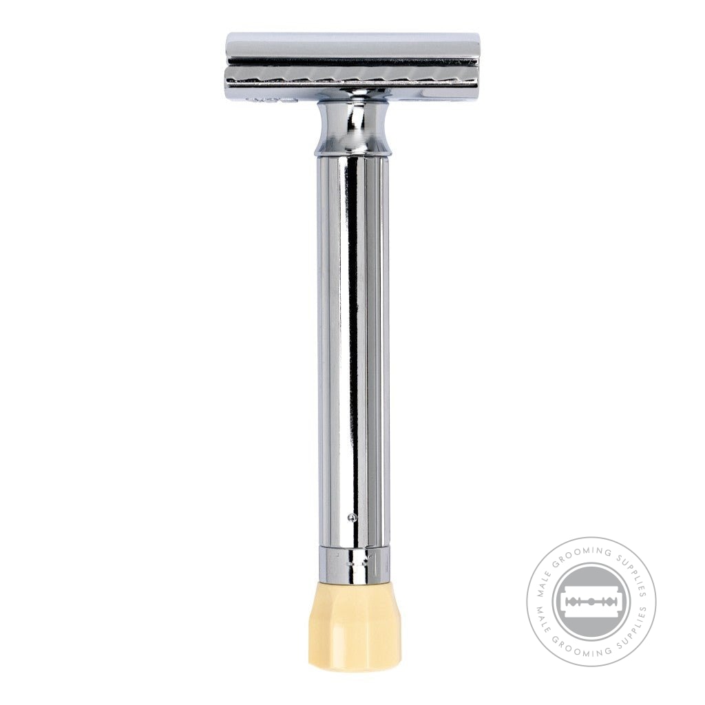 Merkur Progress Long Handle Safety Razor 510001 with adjustable blade gap and ivory-coloured dial, standing vertically on a bright chrome finish.