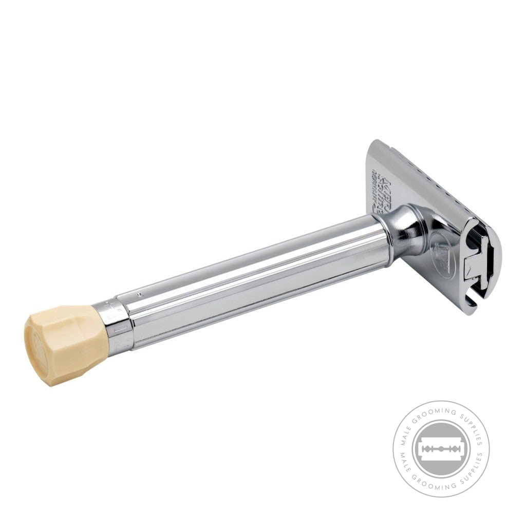 Side angle of the Merkur Progress Long Handle Razor, highlighting its polished chrome finish and adjustable head for a precision shave.