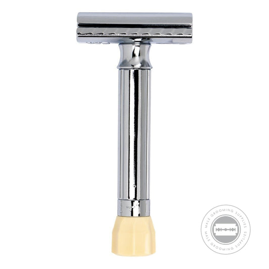 Front view of Merkur Progress Razor 500001, highlighting the razor's bright chrome finish and straight-cut blade head.