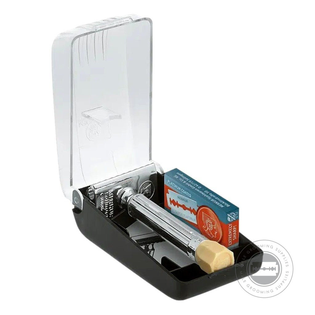 Merkur Progress Razor 570001 with plastic case and 10 Merkur Super Platinum Blades.