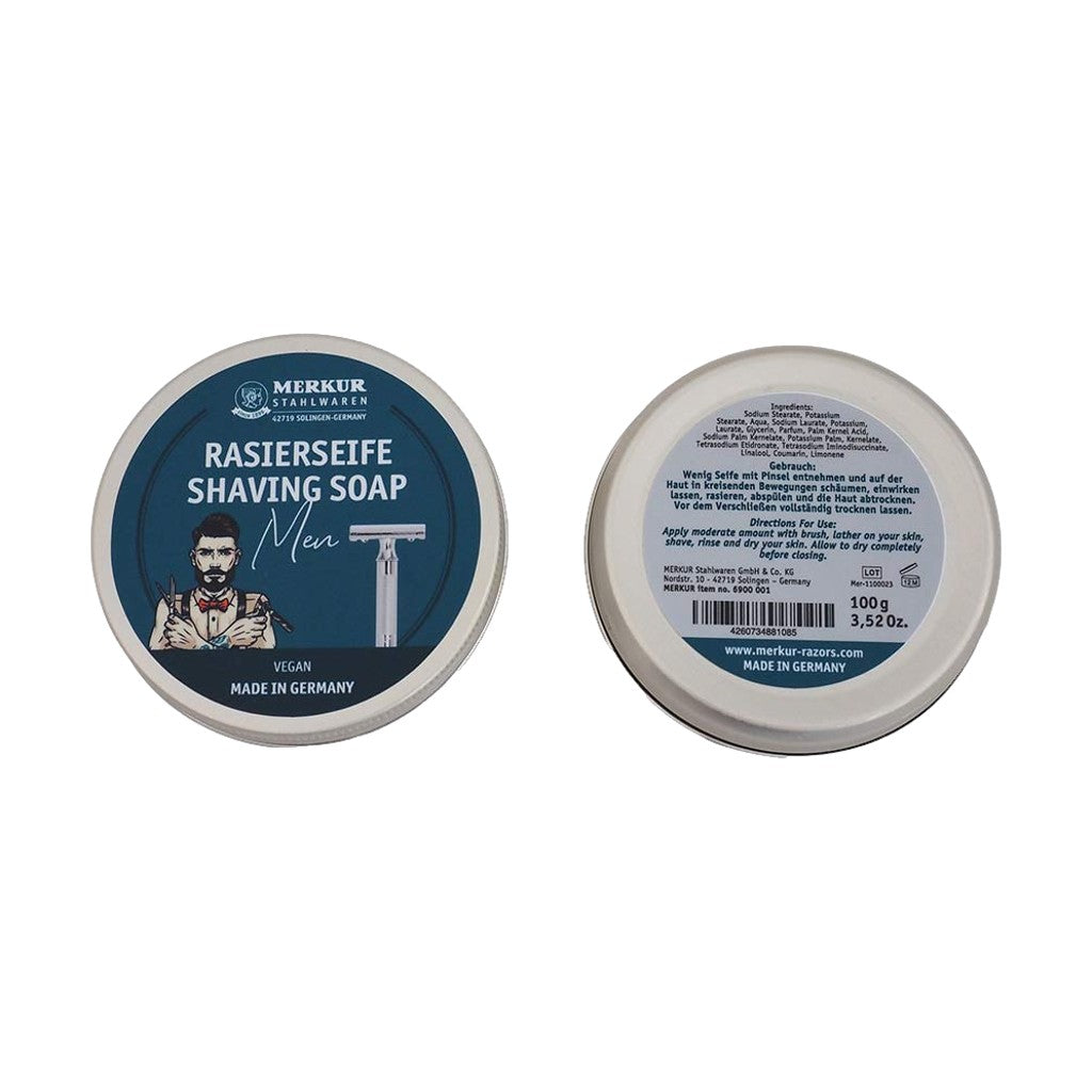 Front and back view of Merkur Men's Shaving Soap tin, displaying the ingredients list, usage instructions, and branding.