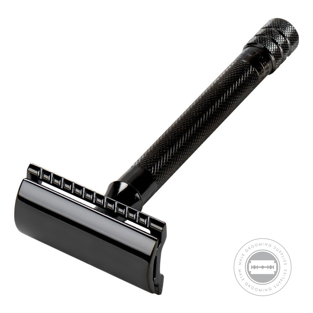 Merkur Razor 23011 with Black PVD Coating, showcasing a close-up view of the razor's handle and head in bright chrome and black finish.