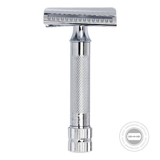 Front view of the Merkur 37C Slant Bar Safety Razor, emphasizing the slanted head and diamond-patterned grip on the handle for enhanced control.