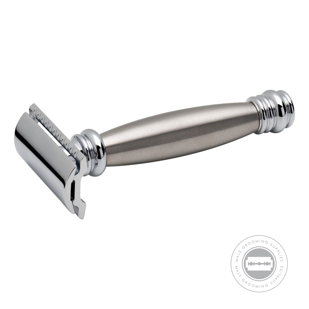 Close-up view of the Merkur 43C Razor, showcasing its brushed stainless steel handle and bright chrome safety razor head.