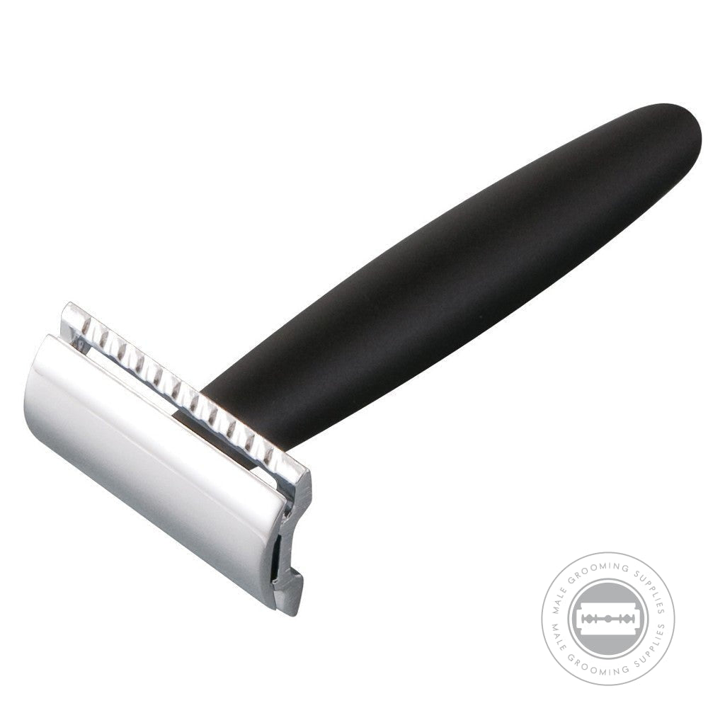 Merkur Razor 44011 with matte black resin handle and chrome-plated straight-cut head, designed for precise wet shaving.