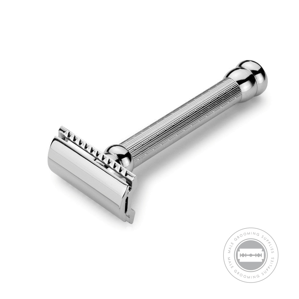 Merkur Razor 47C with a chrome-plated straight cut head and long handle, featuring an elegant engine-turned pattern.