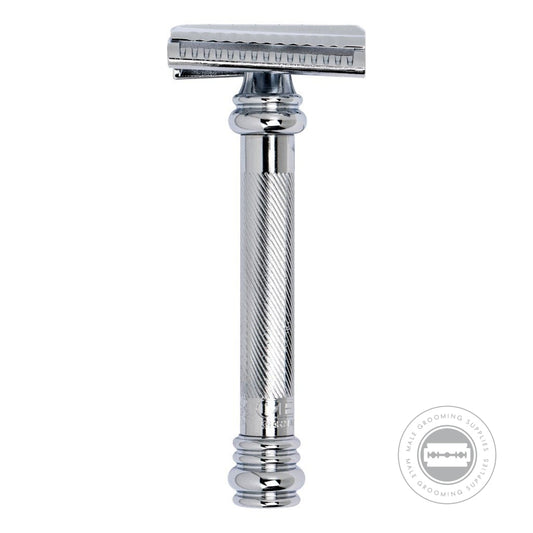 Close-up of Merkur Barber Pole Slanted Razor 39001 showing the bright chrome finish and slant bar head.