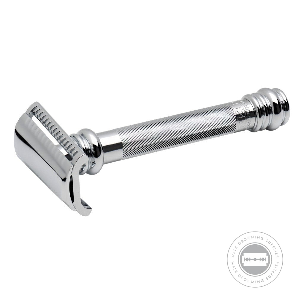 Front view of Merkur Barber Pole Slanted Razor 39001 with its long handle and slant bar head for precision shaving.