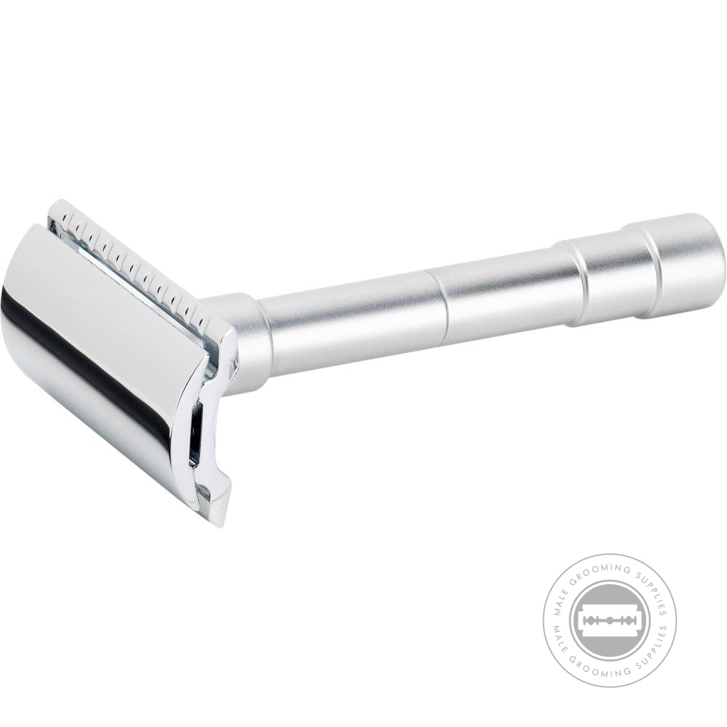 Close-up of the Merkur Travel Razor 46002, showcasing its sleek, compact design with a matte chrome handle and bright chrome-plated razor head.