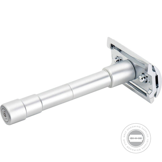 Side view of the Merkur Travel Razor 46002, emphasizing its disassembled configuration with the matte chrome handle and bright chrome-plated head.