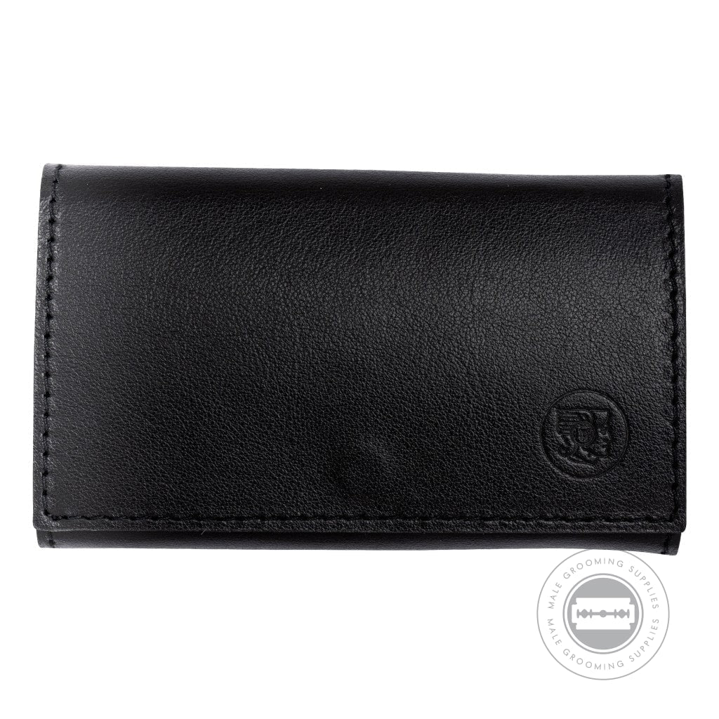 Black leather case of the Merkur Travel Razor 46002, engraved with the Merkur logo for a classic, travel-friendly storage solution.
