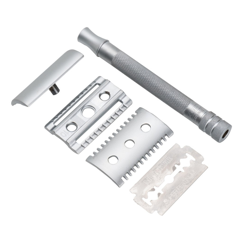 Merkur 22C matt chrome safety razor with long handle and closed and toothed comb options - disassembled
