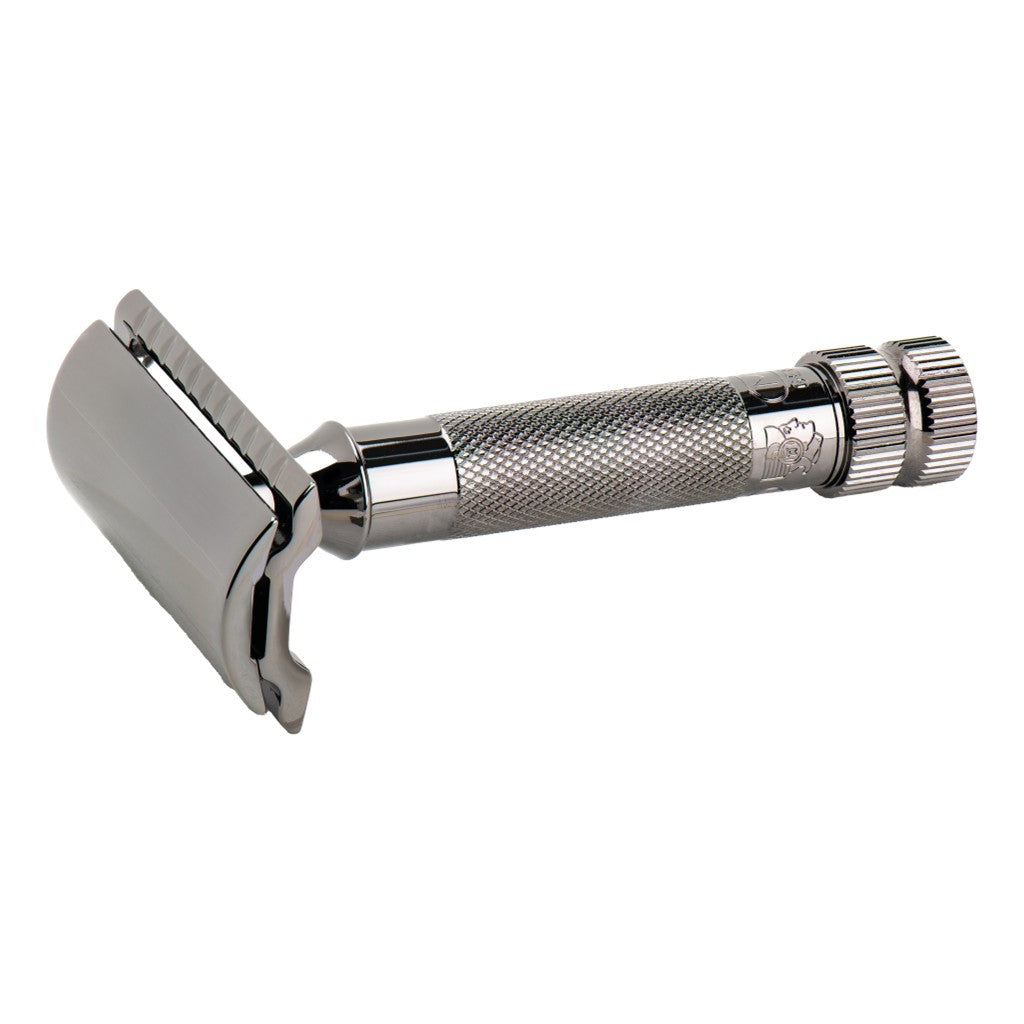 Angled view of the Merkur 34C Metallic Grey safety razor with closed comb head.