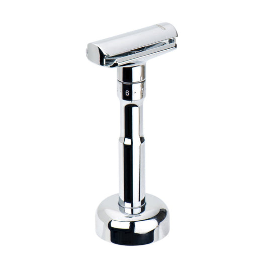 Merkur Razor Stand 4007 in Bright Chrome with a sleek, glossy finish holding a Mekur Futur razor.