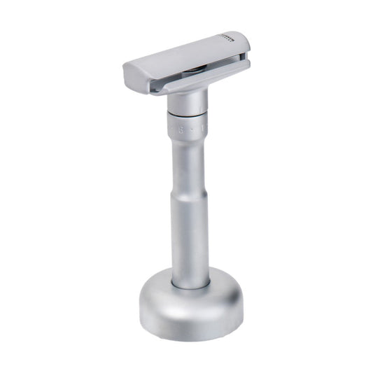 Merkur 4007 Satin Chrome Razor Stand holding a Merkur Futur razor.