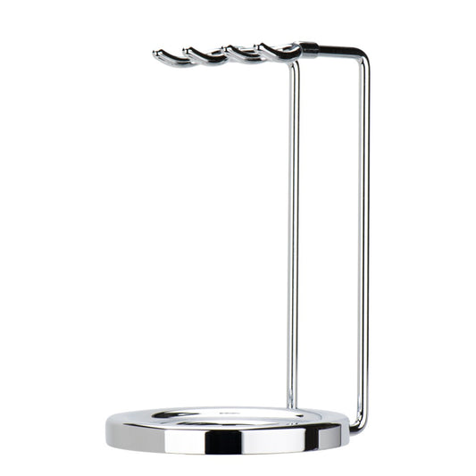 Merkur 4751 bright chrome brush and razor stand with round weighted base and two stage bore - Front 2
