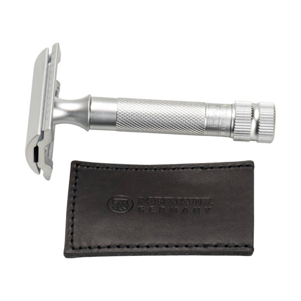 Merkur black leather blade protector made from vegetable tanned cowhide for safety razor storage - Side View