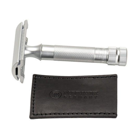 Merkur black leather blade protector made from vegetable tanned cowhide for safety razor storage - Side View