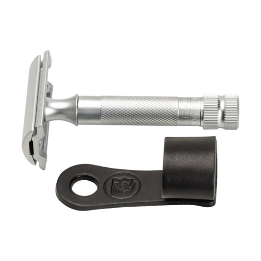 Merkur black leather razor holder made from vegetable tanned cowhide for hanging storage - side view