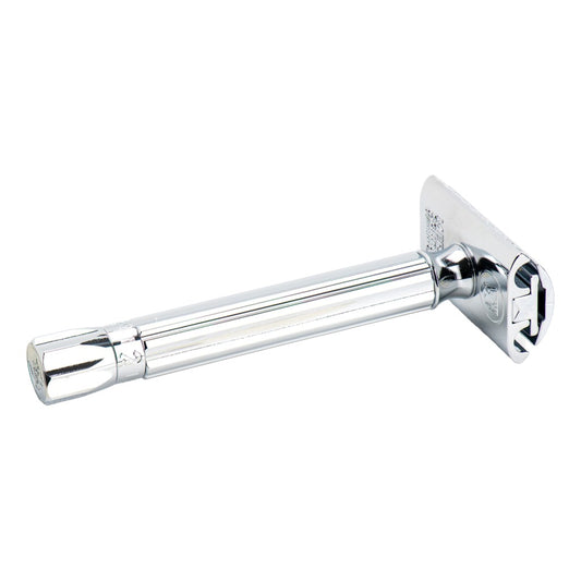 A classic safety razor with a highly polished chrome finish, shown from a side profile view against a plain white background.