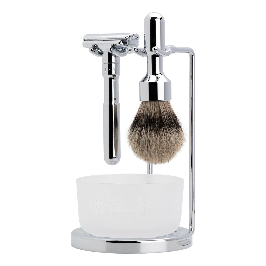 Merkur 4751 bright chrome brush and razor stand with round weighted base and two stage bore - With Brush, Bowl & Futur Razor