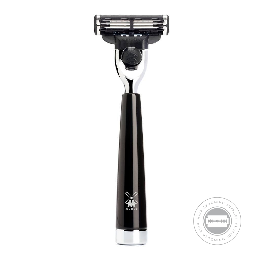 Muhle 3-Blade Gillette® Mach3® Black Resin Razor from the LISCIO series, featuring a polished black resin handle with chrome-plated accents.