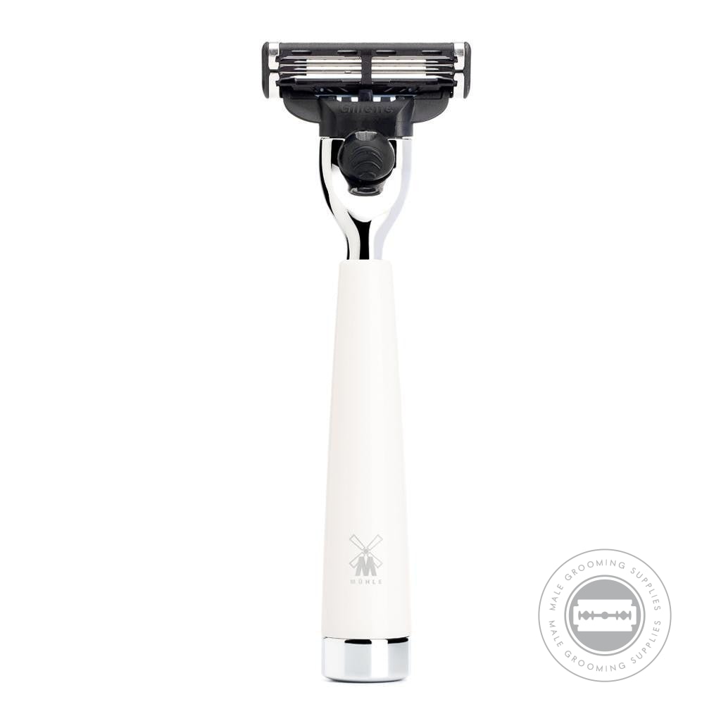 Muhle 3-Blade Gillette® Mach3® White Resin Razor from the LISCIO series, featuring a polished white resin handle with chrome-plated accents.